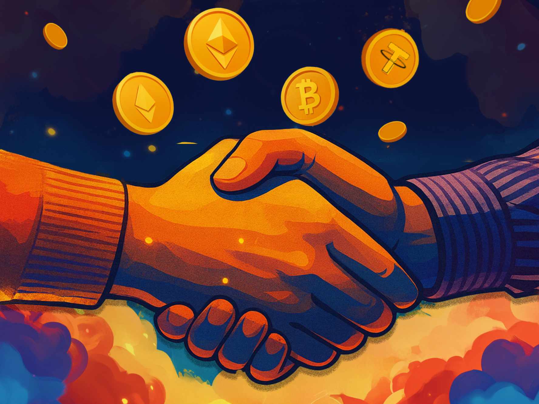 a handshake with coins falling from the sky - Best Crypto Token Marketing Strategies to Grow Investor Interest in 2025